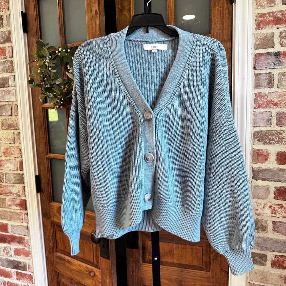 LOFT Cardigan Sweater Women Large Blue Shaker Knit Cotton Balloon Sleeve Button